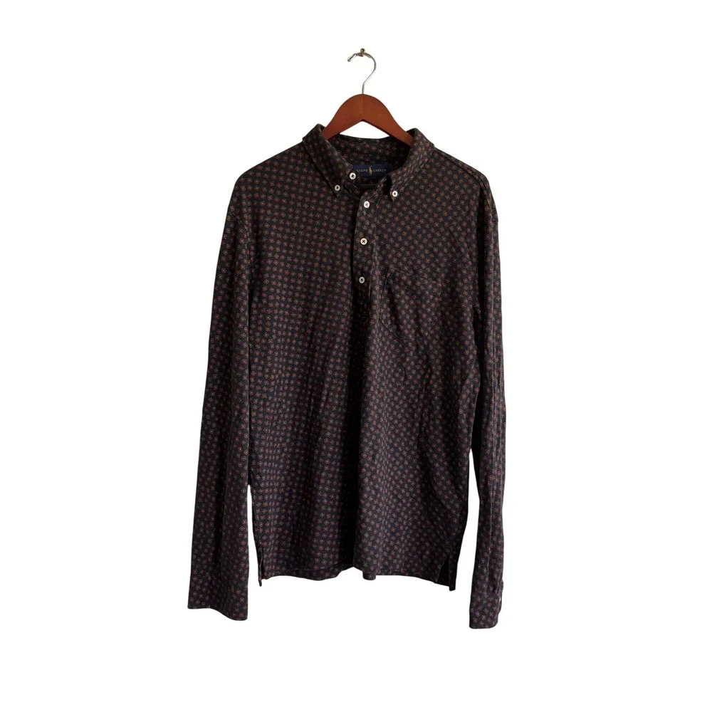 Ralph Lauren Mens XL Navy Geometric Diamond Print‎ Long Sleeve Polo Shirt Cotton